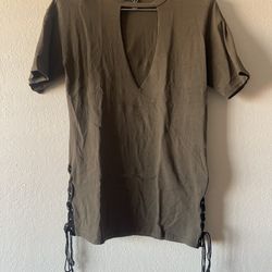 Windsor, Women’s Olive Green Lace Up Sides Shortsleeve Long T Shirt, Size L