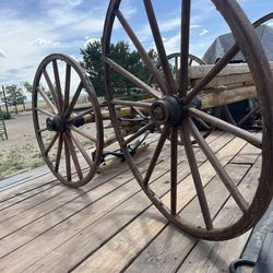 Antique  Wagon Wheels And Wood Box 
