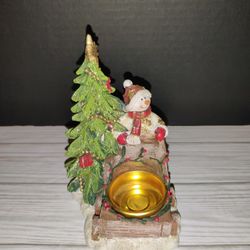 Tii Collections Christmas Holiday Resin Glittered Snowman & Tree Candle Holder. Has some wear from age and storage. Sold as is.