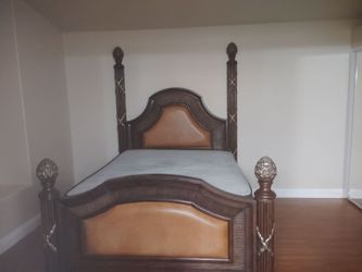Queen size wood and tan leather bed frame with marble /mirror / dresser