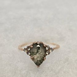 14k gold Moss Agate & Diamond ring