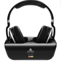 Wireless TV Headphones, Artiste ADH300 2.4GHz Digital Over-Ear Stereo Headphone for TV 100ft Distance Transmitter Charging Dock Rechargeable (Black)