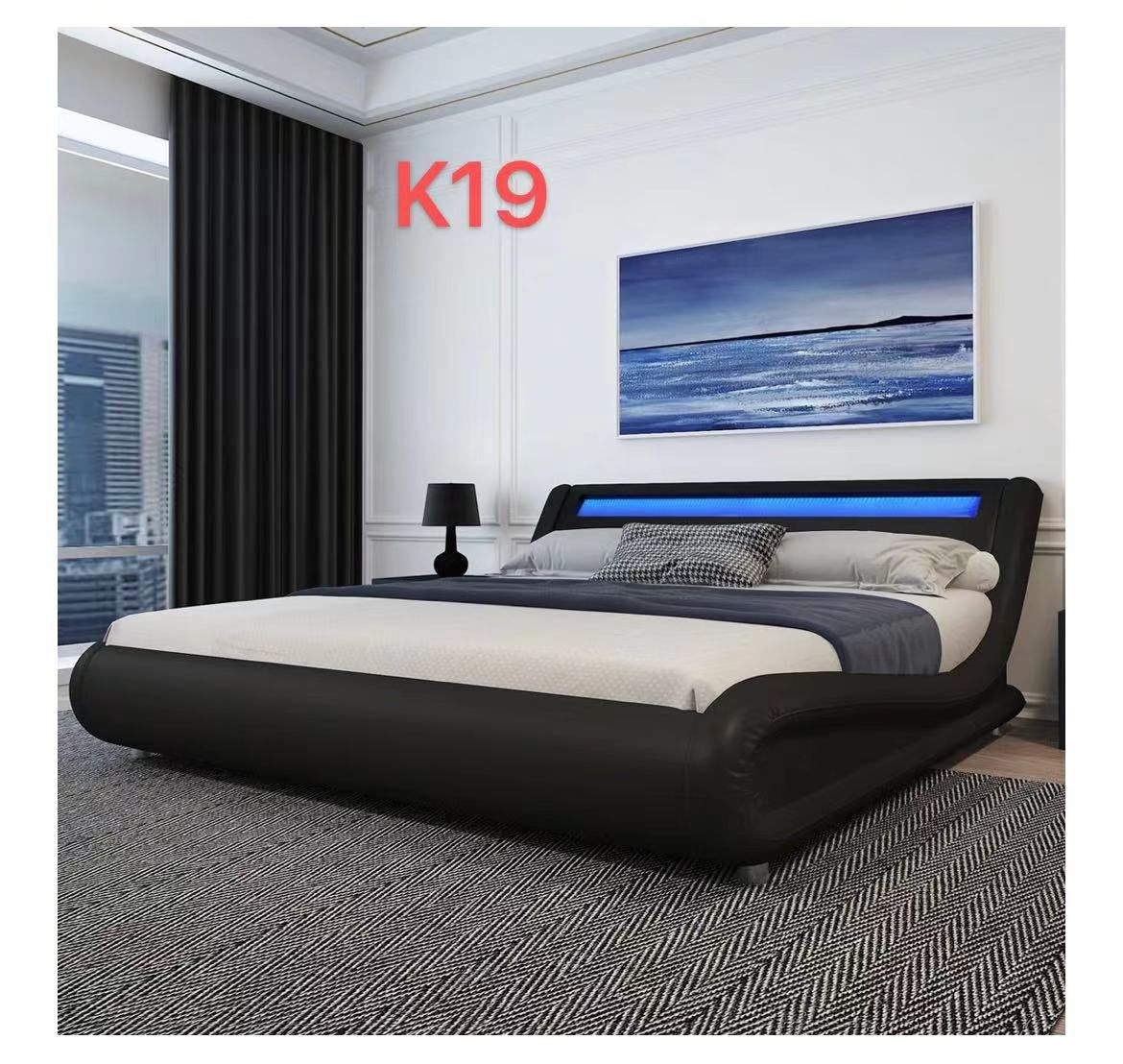 KS K19 #Amolife King Size Wave-Like Curve Deluxe Modern Bed Frame with LED Headboard, Black