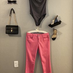 Black Tube Top Bodysuit W/ White Pinstripes | LEI Pink Skinny Jeans