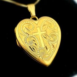 14k solid yellow gold heart cross medallion opening pendant charm