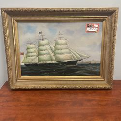 Gold Wood Framed British Merchant Ship Canvas Painting 