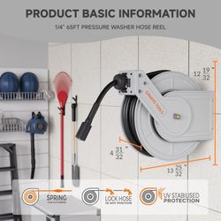Giraffe Tools High Pressure Washer Hose Reel 65ft, Heavy Duty Steel Power Washer Reel with 1/4" Replaceable Hose, 3200 PSI