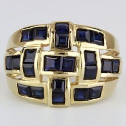 Vintage 14k Good Sapphire Basketweave Wide Band Cocktail Ring By Leer Gem Ltd