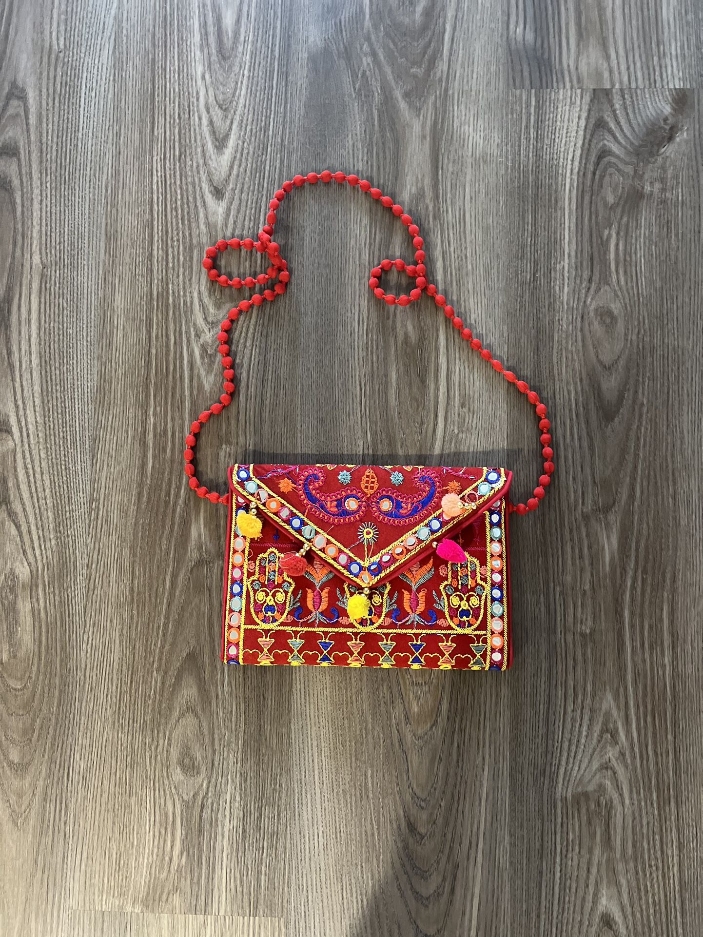 New With No Tag Red Background Colorful Embodied Purse /Clutch