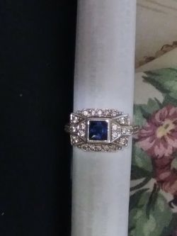 Antique sterling silver 925 blue gemstone with diamonds ring