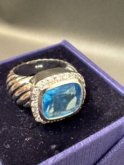 Sterling Silver Cocktail Ring With Aquamarine Stone And CZ Size 7