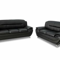 New Black Leather Sofa & Love Seat 2 PC SET