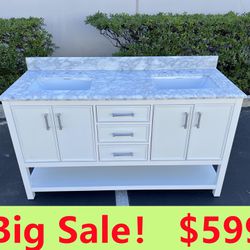 60”white double sink bathroom vanity with carrara white marble stone top