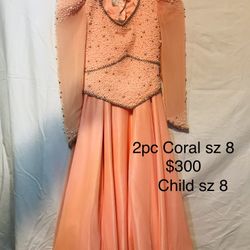 REDUCED!! Girls Size 8 Coral Pageant Dress, 2 Pc. Worn Once Like New Condition! 