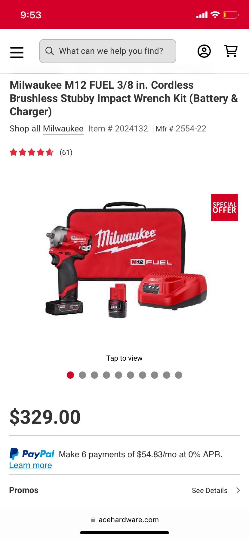 Milwaukee M12 FUEL 3/8 in. Cordless Brushless Stubby Impact Wrench Kit (Battery & Charger)