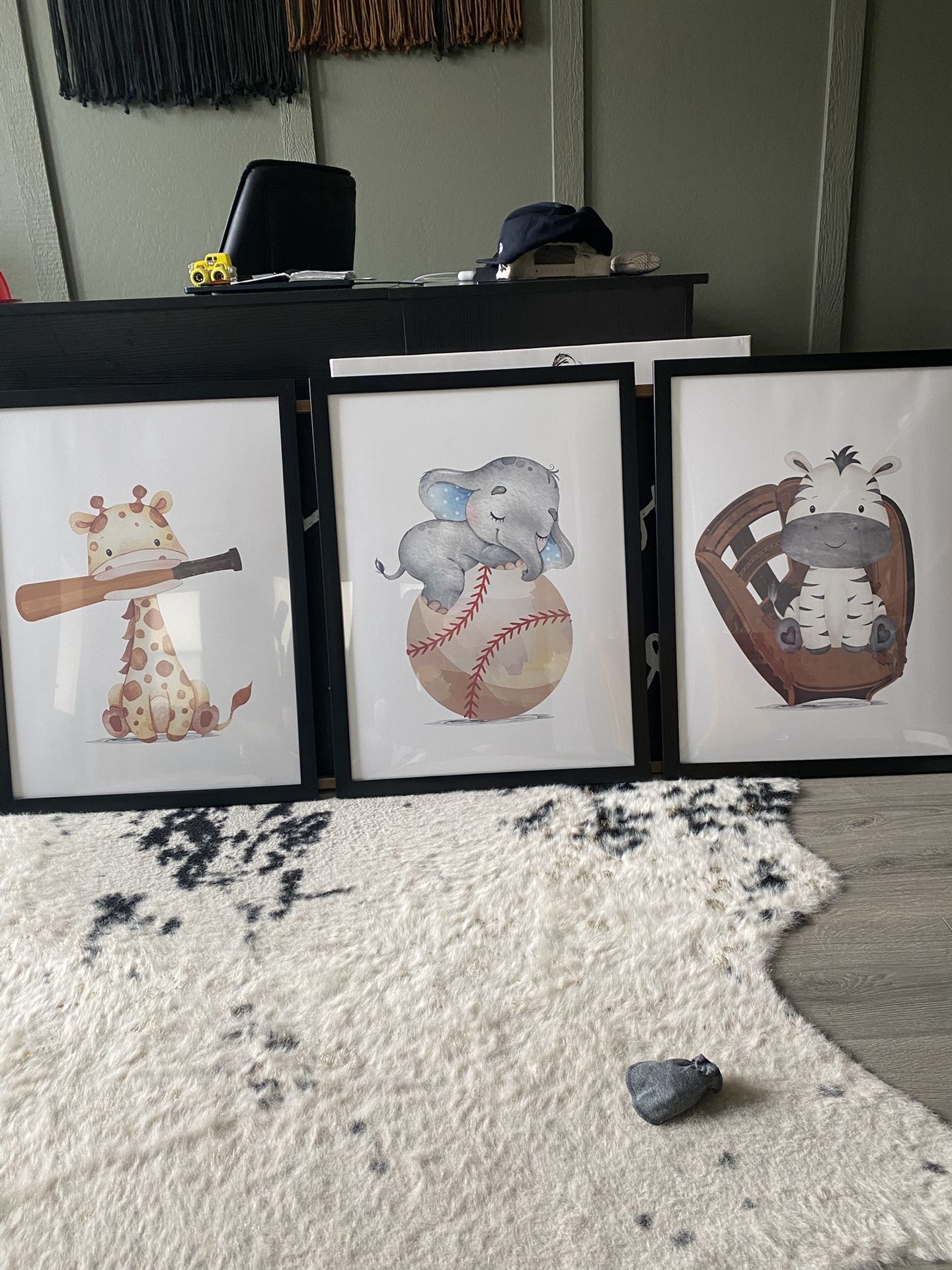 Set of 3 Photos in frames, Baseball, Baby Child Infant Nursery Room pictures