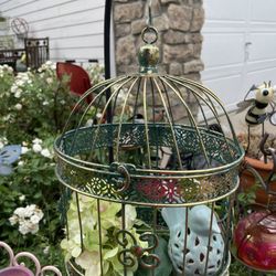 Gold Hanging Bird Cage With Porcelain Bird And Flower 