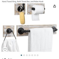 MyGift 4-Piece Bathroom Hardware Set, Shabby White Washed Wood and Industrial Matte Black Metal Pipe Toilet Paper Holder, Hand Towel Ring, Bath Towel 