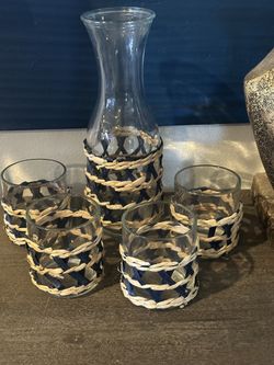 Modern Boho Navy & Natural Raffia Wrapped Carafe W/ 4 Glasses