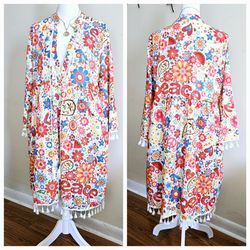 Size XL Multi-Colored Flower Power Peace Love Hippy Polyester Dress Tunic with Bobble Tassles, Fringed Edging and Sleeves. 60s esque! Retro fun!

36" 