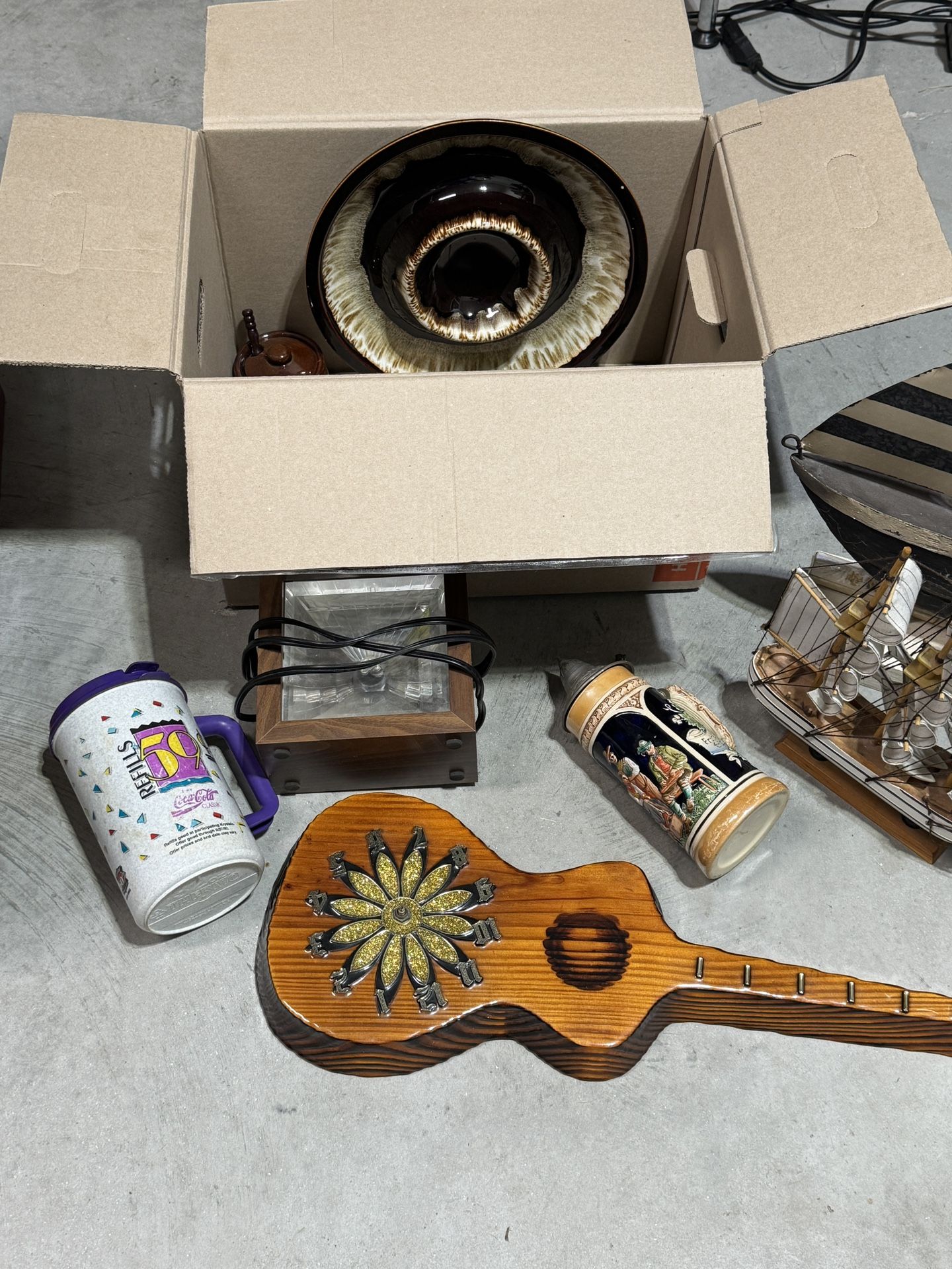 Box of vintage goodies. Includes  strobe light stein, Pfaltzgraff Drip Glazed Heavy Ceramic, etc