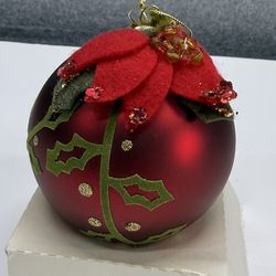 Vintage Glass Christmas Ornament Red Ball Poinsettia Felt Glitter 3"