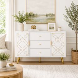 White and Gold Lines Accent Cabinet