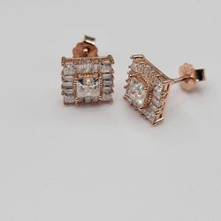 925 Silver Rose Gold Plated Baguette Cluster Earrings 