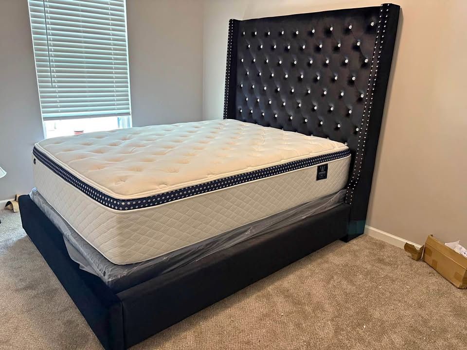 Brand New Black Tufted Tall Headboard King And Queen Size Bed Frame - Mattress