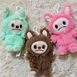 Labubu Doll Plush  clip keychain  Bundle- 3 pcs Pink, Brown, Mint Green