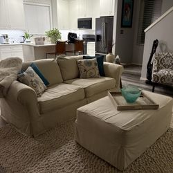 Beige Linen Slip Cover Sofa & Ottoman 