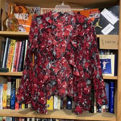 EAST5TH Petite-women’s red rose long sleeve open blouse shirt