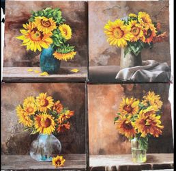 SUNFLOWERS on Canvas Wall Art SET of 4 NEW
