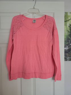 Large Victorias Secret Long Sleeve Salmon Shirt Lace Shoulders Embroidered Dog PINK