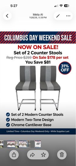 Set of 2 Modern  chrome 24ht counter stools grey seats reg $259 on sale $178