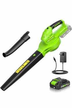 SEYVUM Soplador de hojas inalámbrico de 20 V con batería de 2.0 Ah, 350 CFM 15000 RPM, para limpieza de patio, cargador rápido incluido, verde