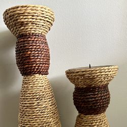 Pair Of Boho Rattan Candle Holders