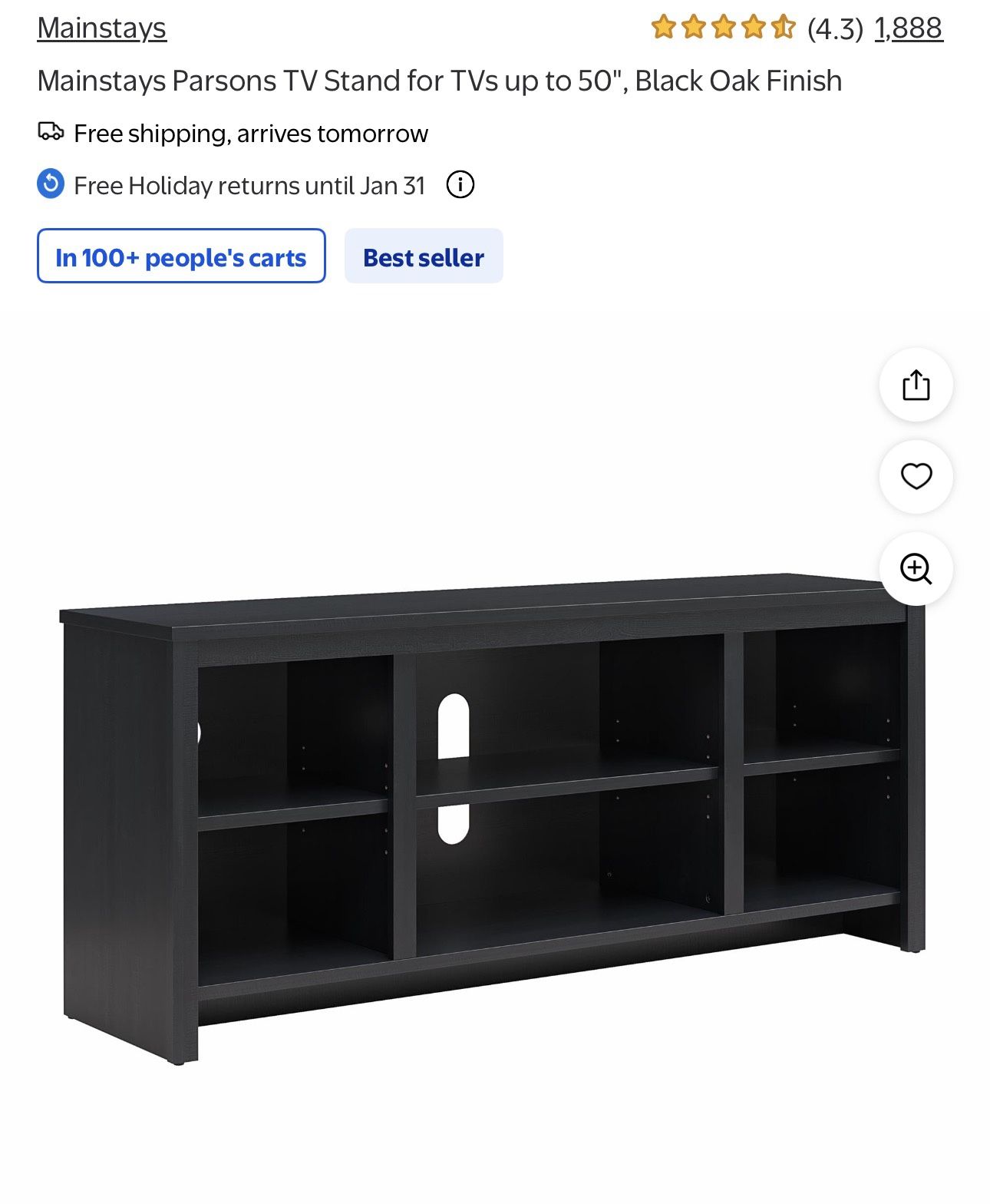 888 Mainstays Parsons TV Stand for TVs up to 50", Black Oak Finish