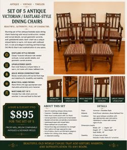 Set of 5 Antique Victorian Eastlake Dining Chairs