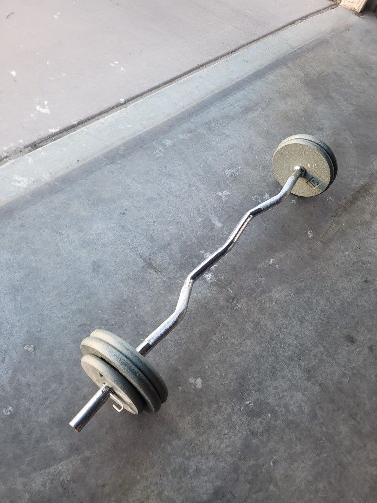 Curl Bar With 50 lbs Weights.  (4) 10 lbs , (2) 5lbs 