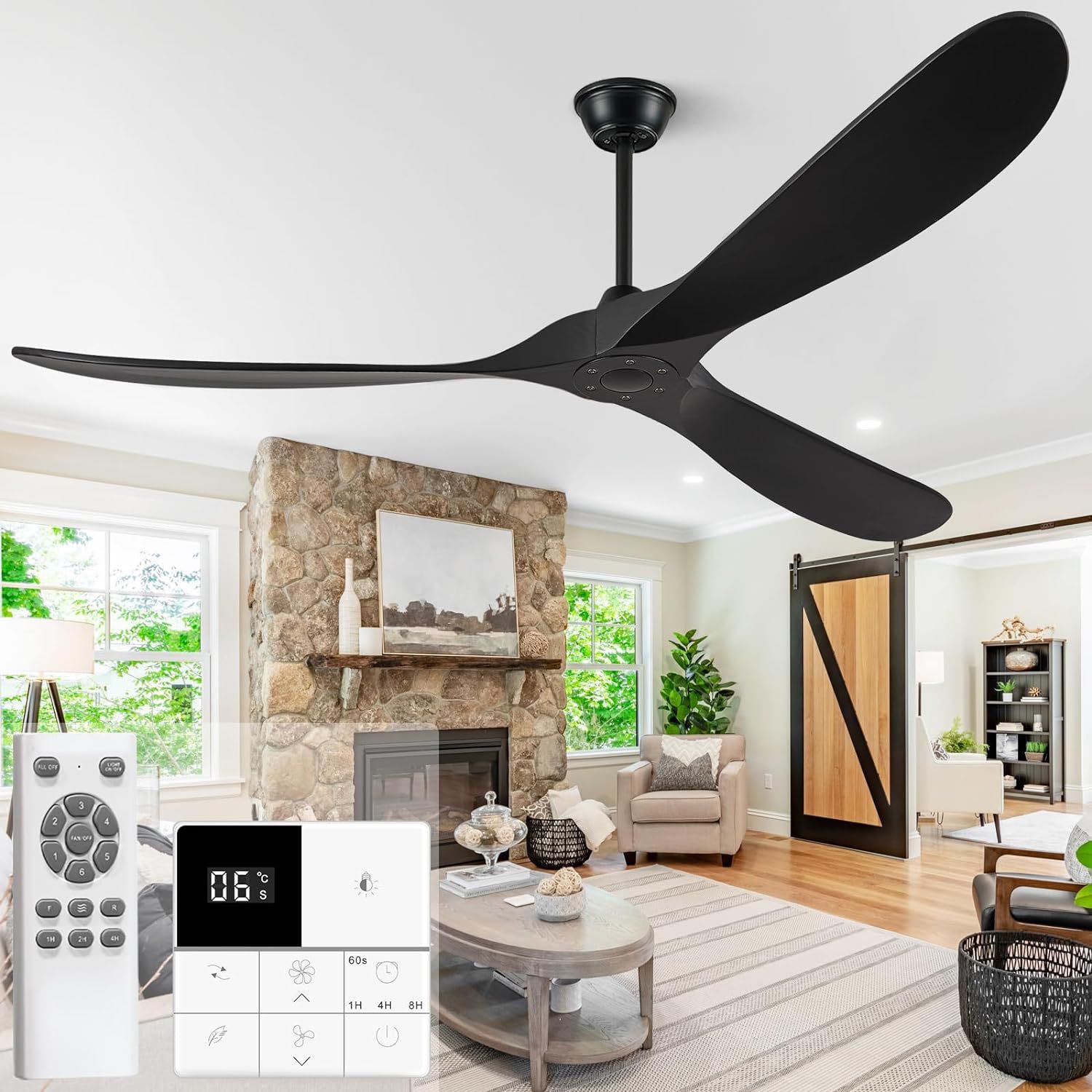 Eliora 72 Inch Ceiling Fan With Remote And Wall Switch,Large Wood Ceiling Fan Without Light 3 Blades, Outdoor Ceiling Fans 6 Speed, Quiet DC Motor for
