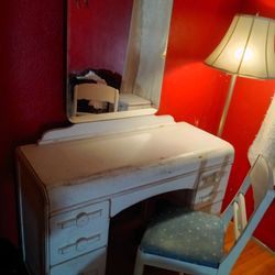 Vintage Vanity w/ Mirror and Chair + Side Table