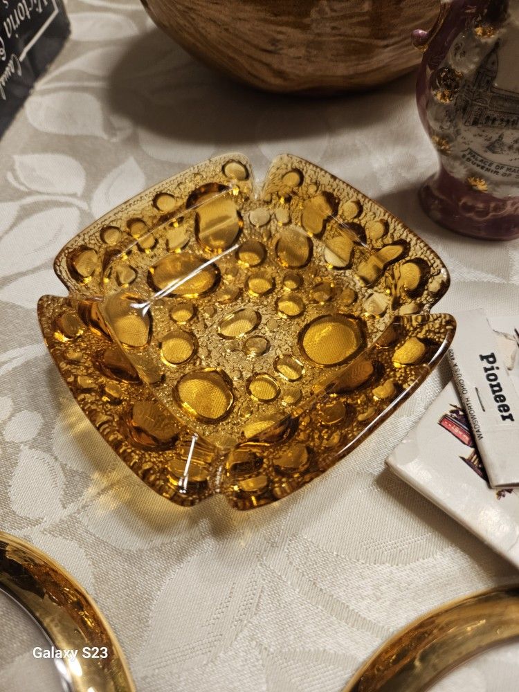 Libbey MCM Honey Amber Bubble Glass Ashtray