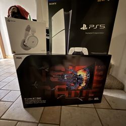 Ps5, Curved Aoc Monitor, And Bluetooth Headset 