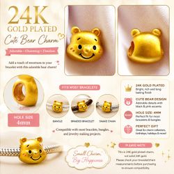 24K Gold Plated Disney Winnie The Pooh Head Charm Braided Bracelet w/Box