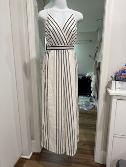 Cream Black Pinstripe Wide Leg Jumpsuit Women's Medium Surplice Wrap Palazzo Pants Pockets