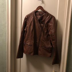 Faux Leather Zip Up Jacket / Medium Brown / XL / 2 Front Zip Up Pockets 