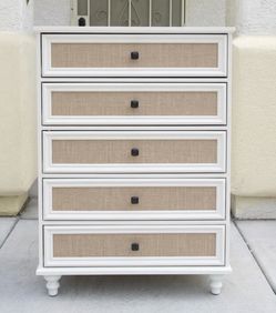 Beautiful Coastal White Rattan 5 Drawer Large Dresser