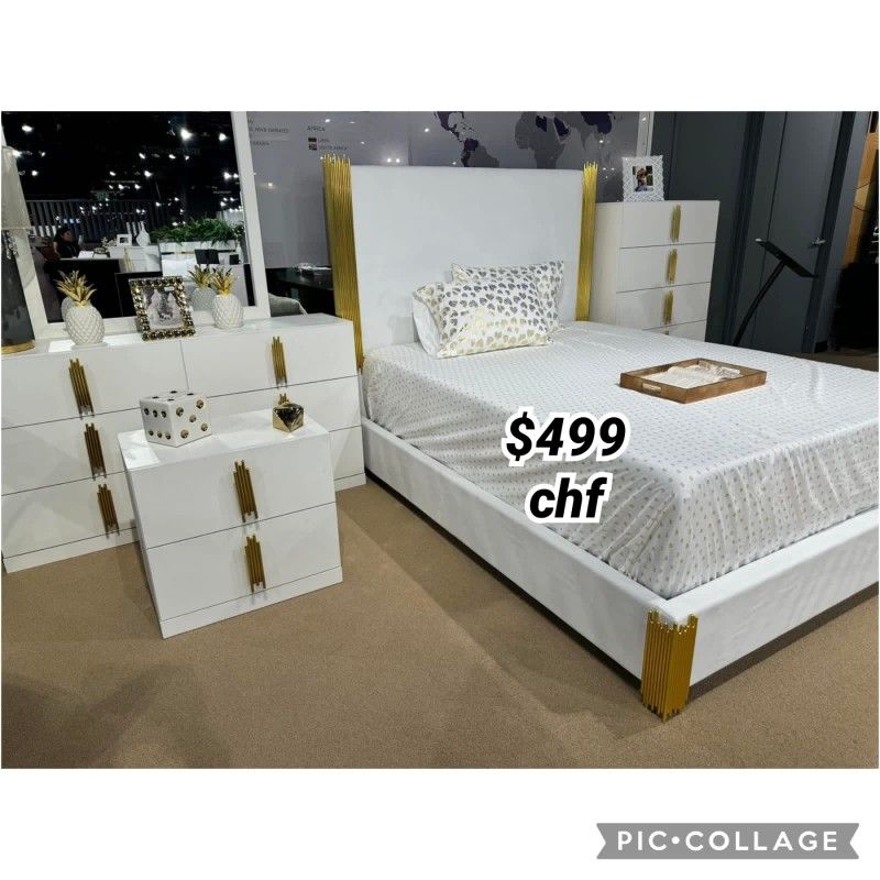 White / Gold  Eastern King Size Bed Frame  - Mattress Sold Separately 