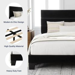 Queen bed frame with headboard, platform bed with wooden slats, easy to assemble